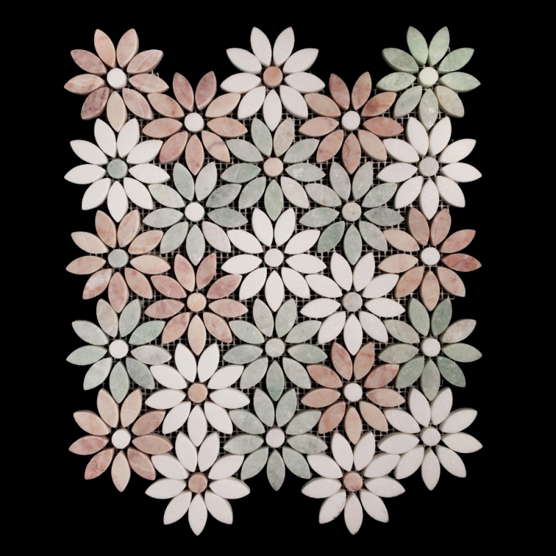 Daisy Flower Pattern Green Celeste / Thassos / Pink Tumbled Marble Mosaic Tiles