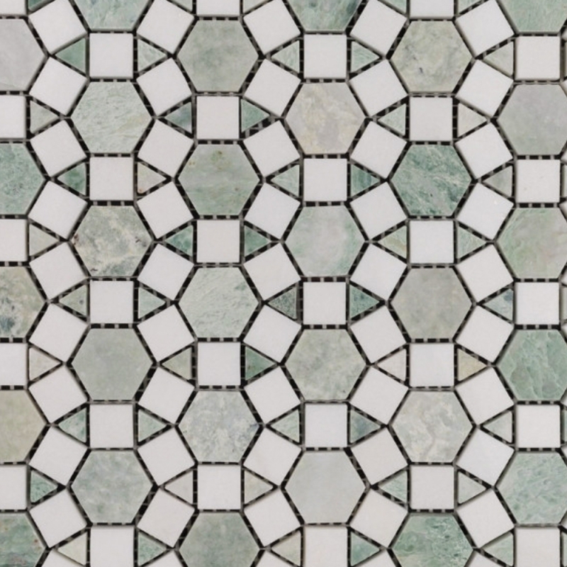 Alhambra Light Green Celeste Honed & Thassos Polished Marble Mosaic Tile